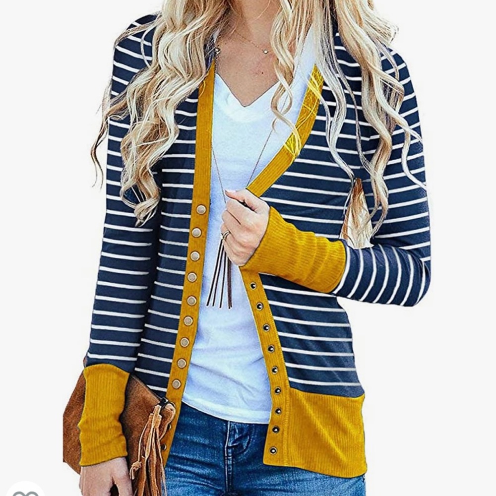Mustard/Navy Striped Women’s Snap Button Down Cardigan